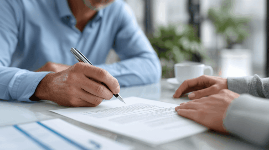 Client carefully reviewing a retainer agreement before signing with a brain injury lawyer in Ontario