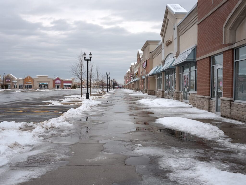 Snow and ice covered entrance of an Ontario commercial plaza where the 60-day occupiers liability notice rule may apply