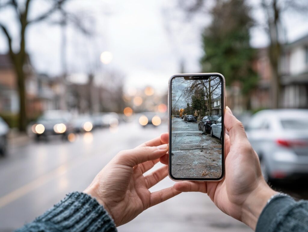 Person documenting a car accident scene with a smartphone in Ontario in the first days after the collision