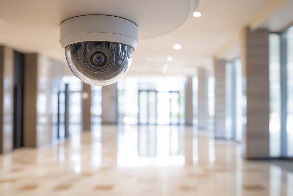 Security camera overlooking a condo lobby entrance, key evidence that decides liability in a fall case