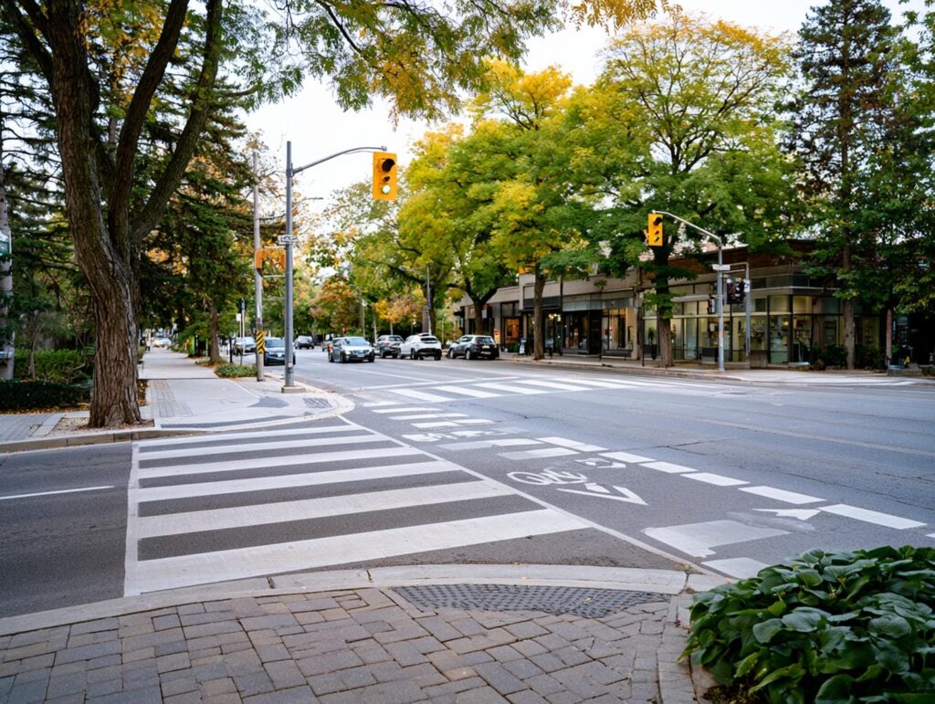 Pedestrian crosswalk and cyclist lane in an Ontario urban setting representing accident claim deadlines for non-drivers