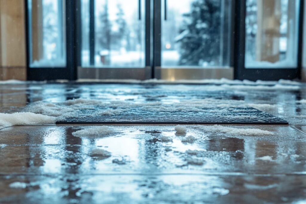 Tracked-in snow and slush at a lobby entrance, relevant to Ontario's 60-day snow-and-ice notice rule