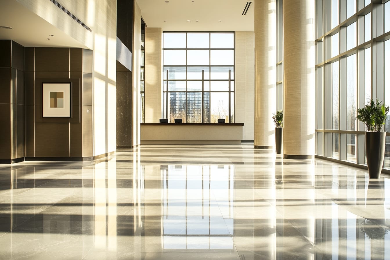 Modern Toronto condo lobby entrance with a polished floor where a slip and fall hazard may arise