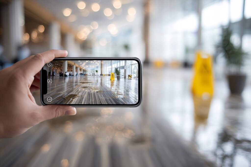 Photographing a wet lobby floor on a phone, a key step to take right after a condo lobby slip and fall